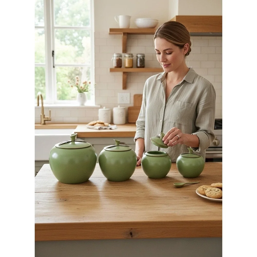intage Chrom-Ever Avocado Green Apple Canister Set 4 MCM Enameled Aluminum Retro